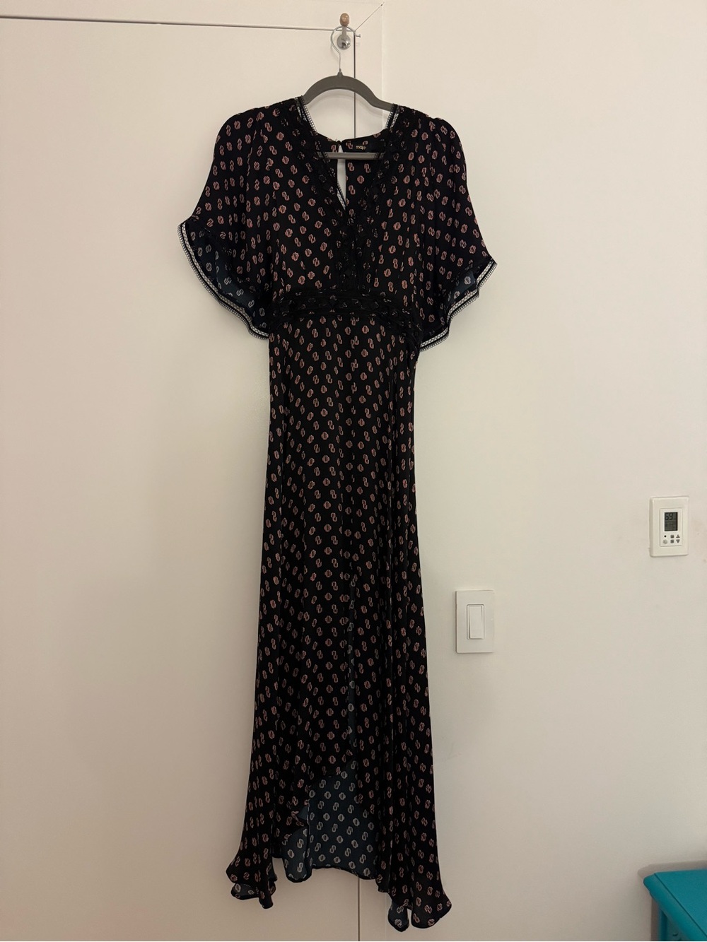 Sexy Maje Black Maxi Dress with Paisley Print and Black Lace